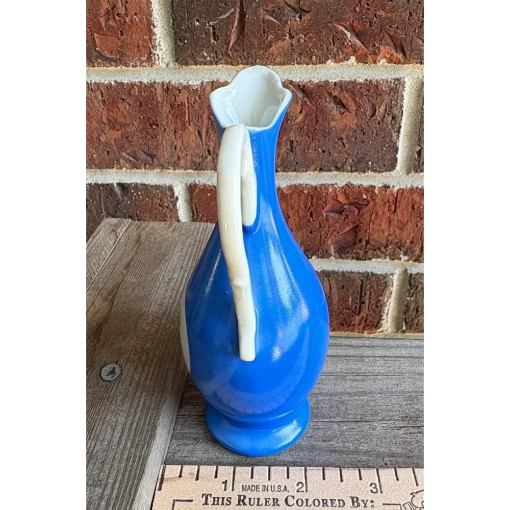Six Flags Over Texas Pitcher Mini Blue Souvenir Vase Vintage 5.5in Cobalt Retro
